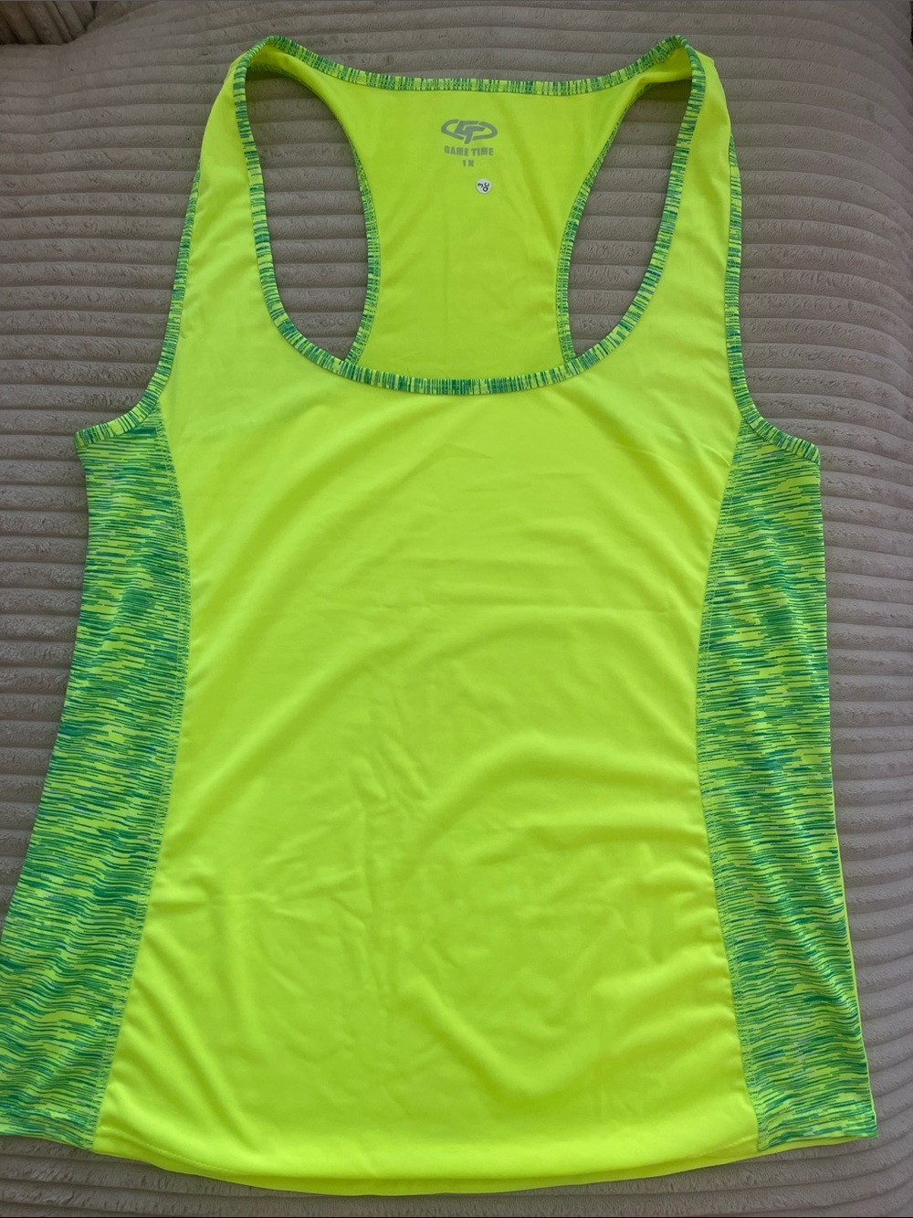 Game Time Neon Yellow Racerback Tank with Green Heathered Side Panels
